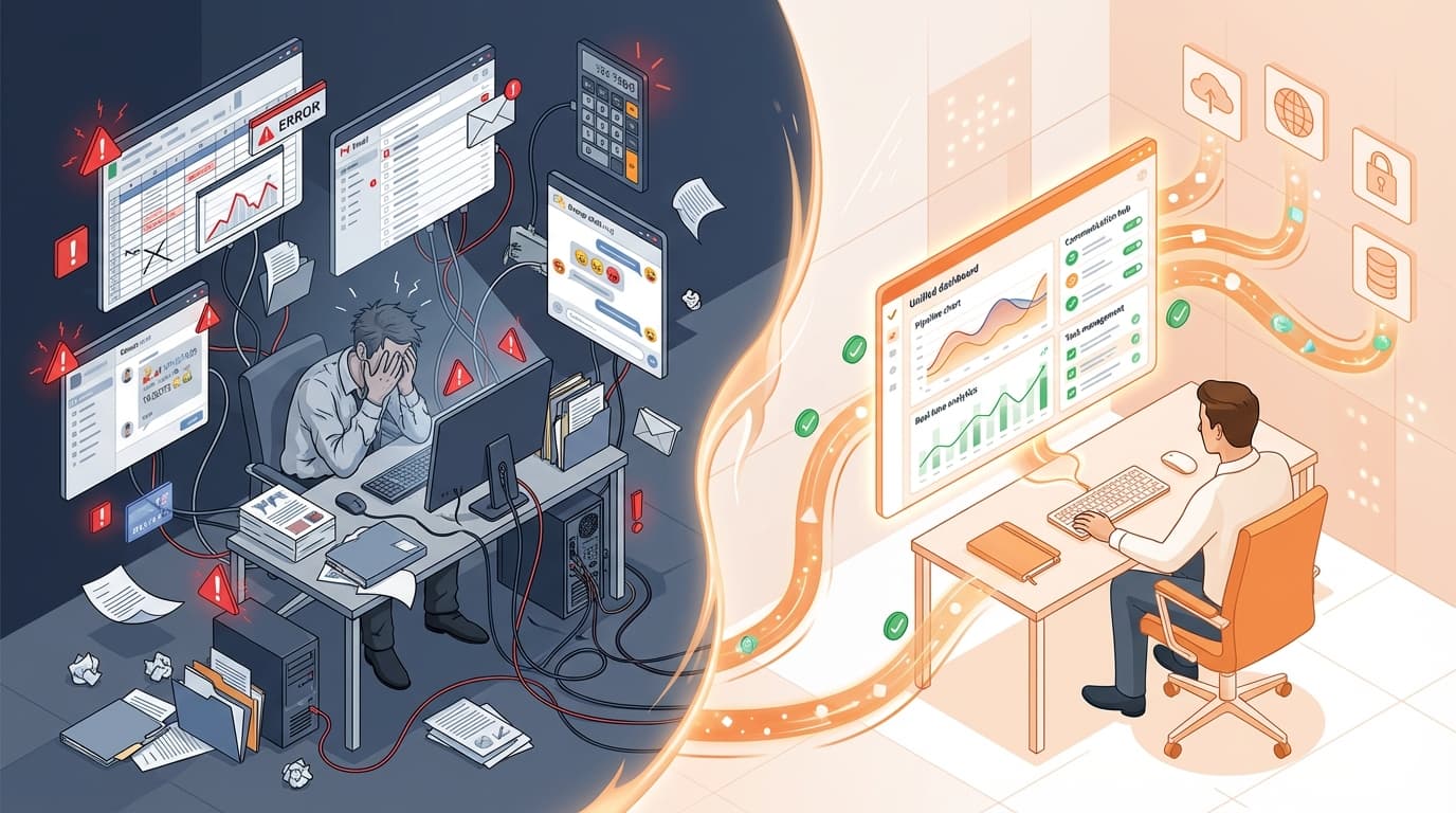 Business challenges - disconnected tools, manual processes, and data silos versus a unified ERP solution